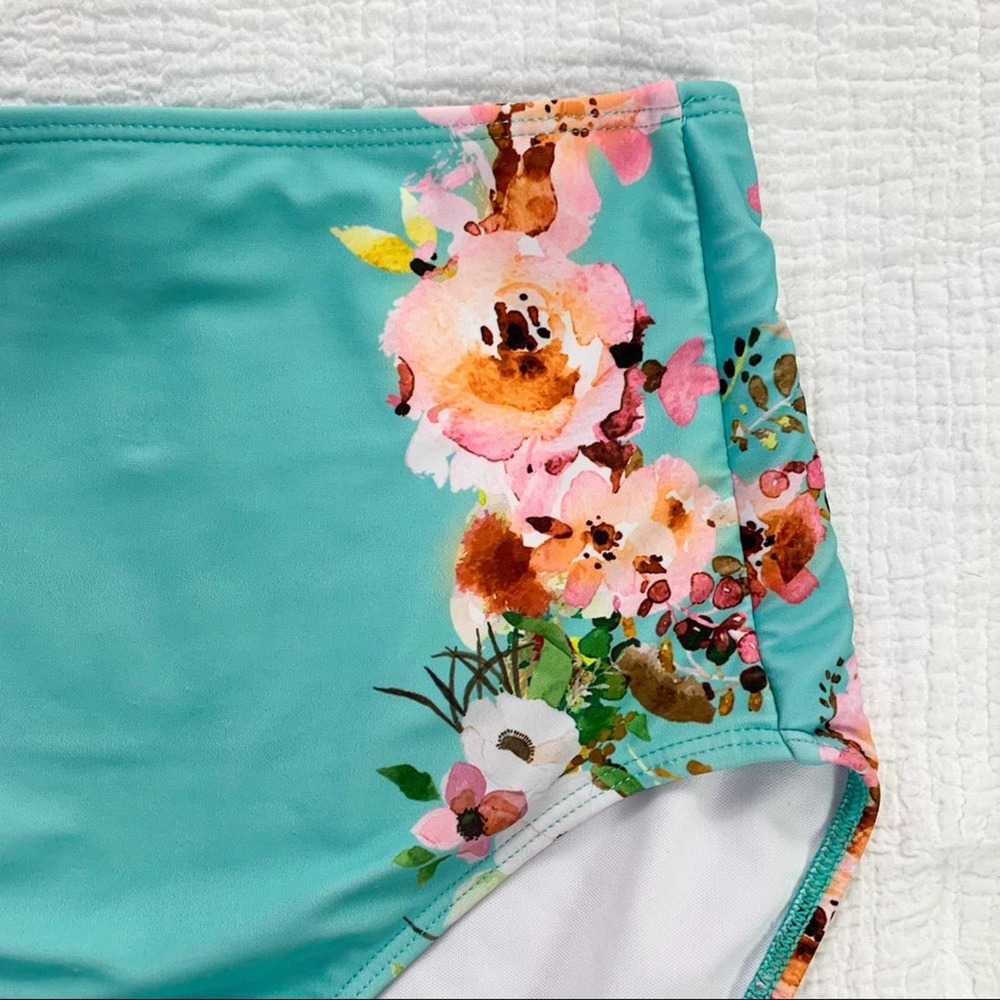 Janela Bay High Waisted Aqua & Pink Floral Swim Bottoms Size Extra Small - Picture 3 of 12